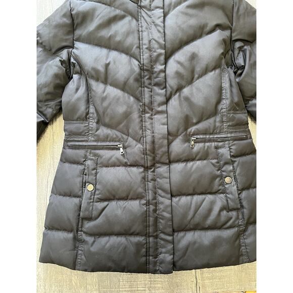 Larry Levine Feather Down Hooded Coat Black Quilted Faux Fur Removable Hood, S - Picture 4 of 15